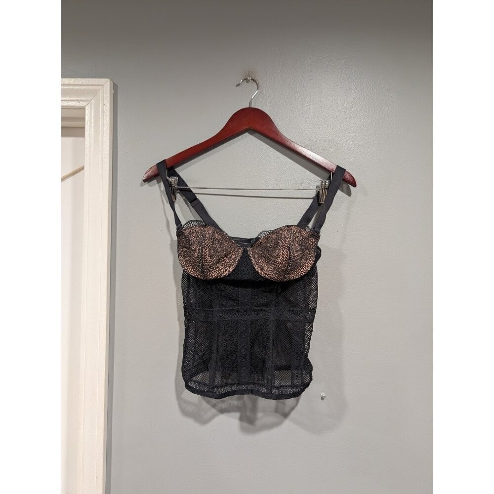 Victorias Secret Bustier Corset Top Lace Lingerie Black Beige 34B Sheer Boning